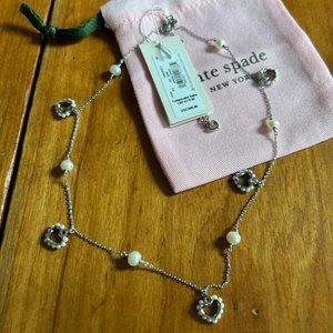 NWT Kate Spade Shining Spade Necklace in Clear/Silver Color, Pearlized Accents